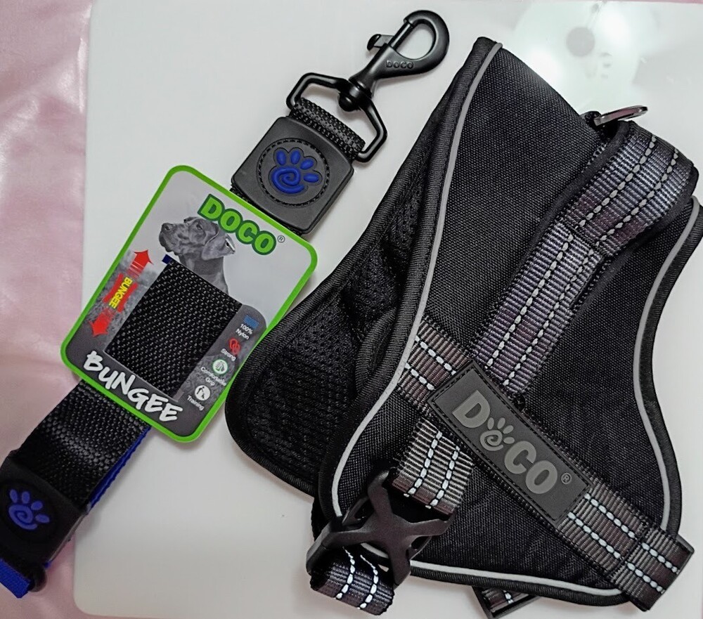 NWT DOCO Vertex Black Heavy-Duty Dog Harness & Bungee 20" Leash Set - Size Large